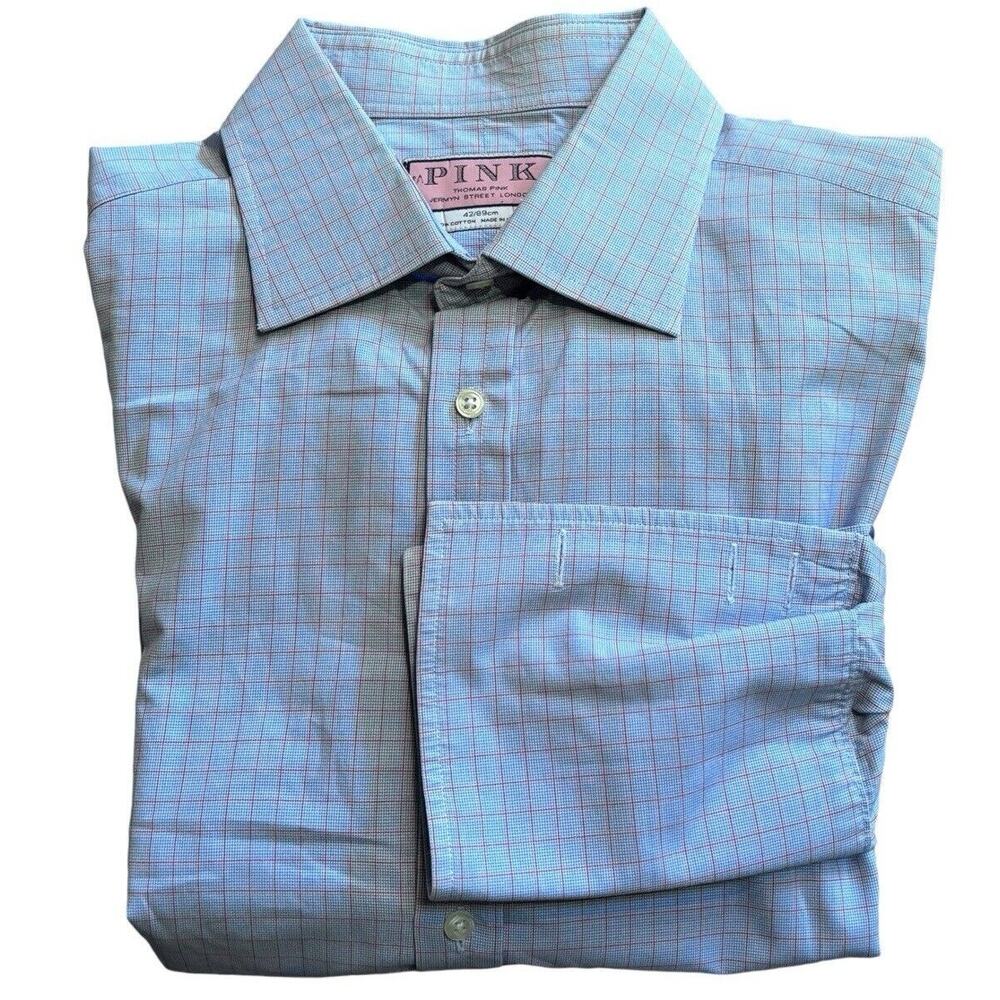 Thomas Pink Made In England Blue Micro Houndstooth Windowpane Shirt 16.5 35 [M]
